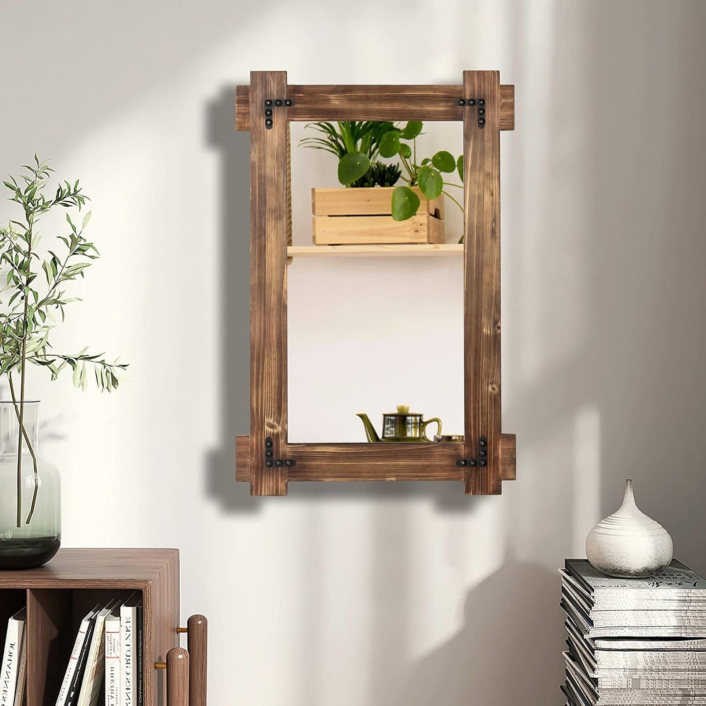 MeMoreCool Farmhouse Rustic Wood Framed Bathroom Mirror, Decorative Wall Mounted Rectangular Mirror for Bedroom, Living Room, or Bathroom, 24x36 Inch
