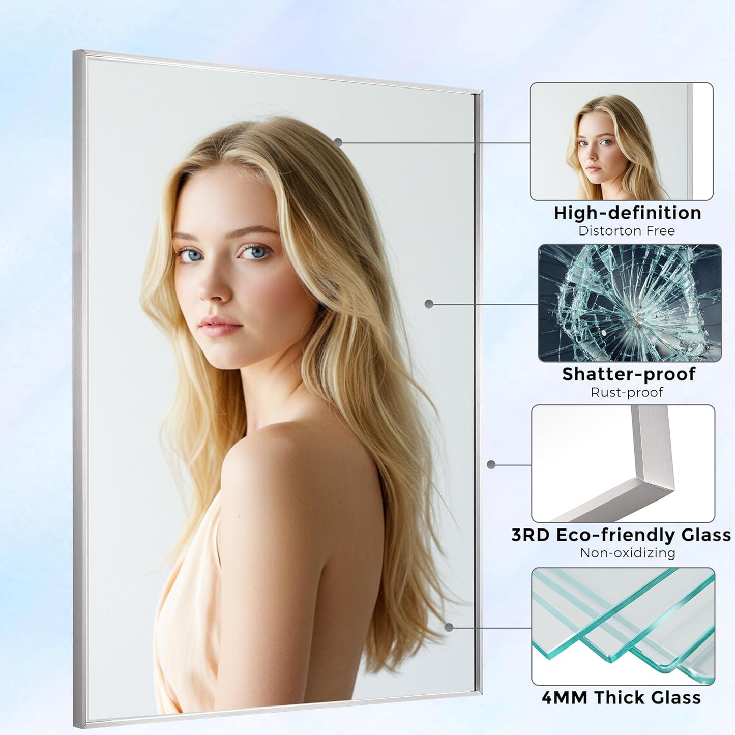 24x30 Inch Nickel Bathroom Mirror for Wall, Aluminum Frame Rectangle Rectangular Vanity Mirror, Modern Large for Bedroom, Living Room, Horizontal or Vertical