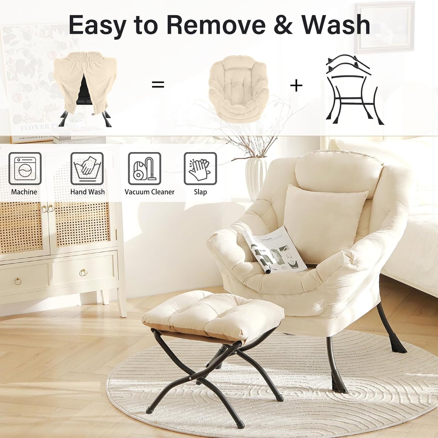 Lazy Chair with Ottoman, Modern Lounge Accent Chair with Armrests and a Throw Pillow, Leisure Sofa Chair Set, Reading Chair with Footrest for Living Room, Bedroom, Office, Velvet Ivory