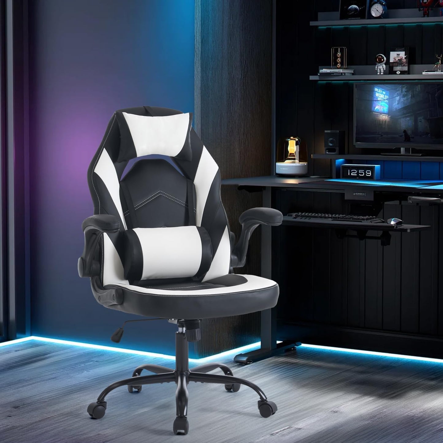 OLIXIS Computer Gaming Desk Chair - Ergonomic Video Game with Comfy Lumbar Support and headrest, PU Leather with Flip-up Arms, Adjustable Height and Swivel Wheels, for Adults, Black