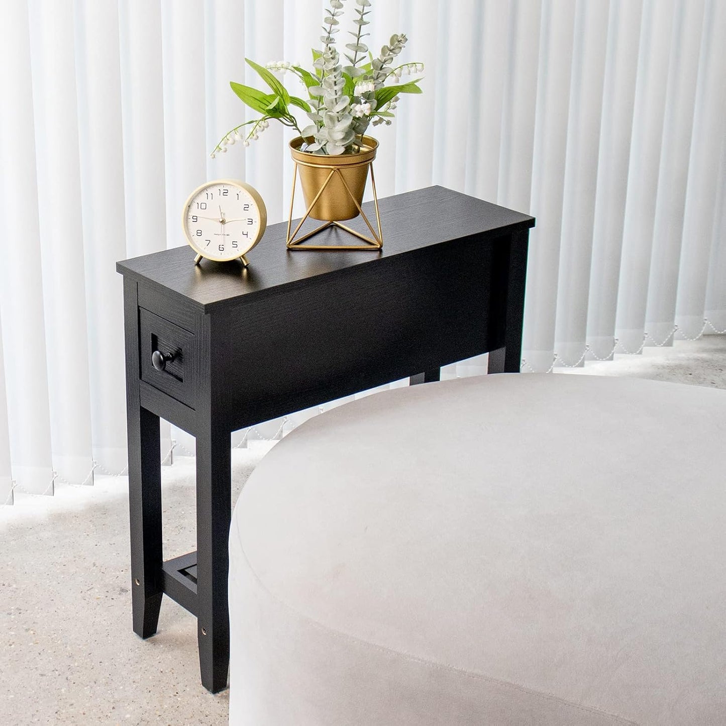 Narrow End Table, Black Side Table with Drawer, Slim Bed Side Table for Small Space/Night Stand Set of 1, Side Table for Couch