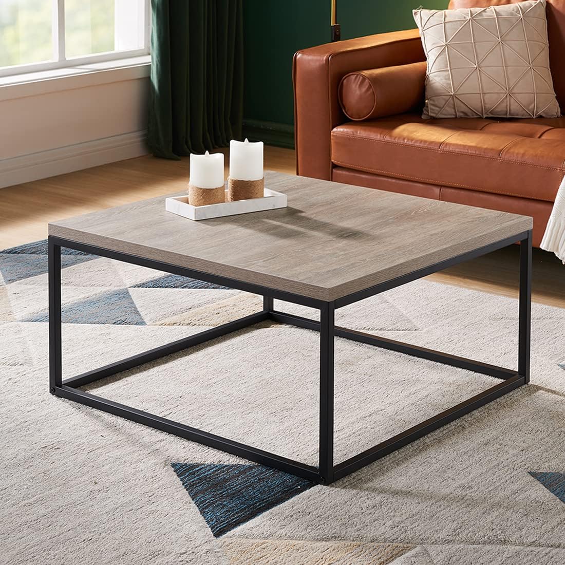 CENSI 30"x30" Grey Wash Accent Coffee Table Ottoman for Living Room, Modern Industrial Style, 1.2" Extra Thick Tabletop (French Oak)