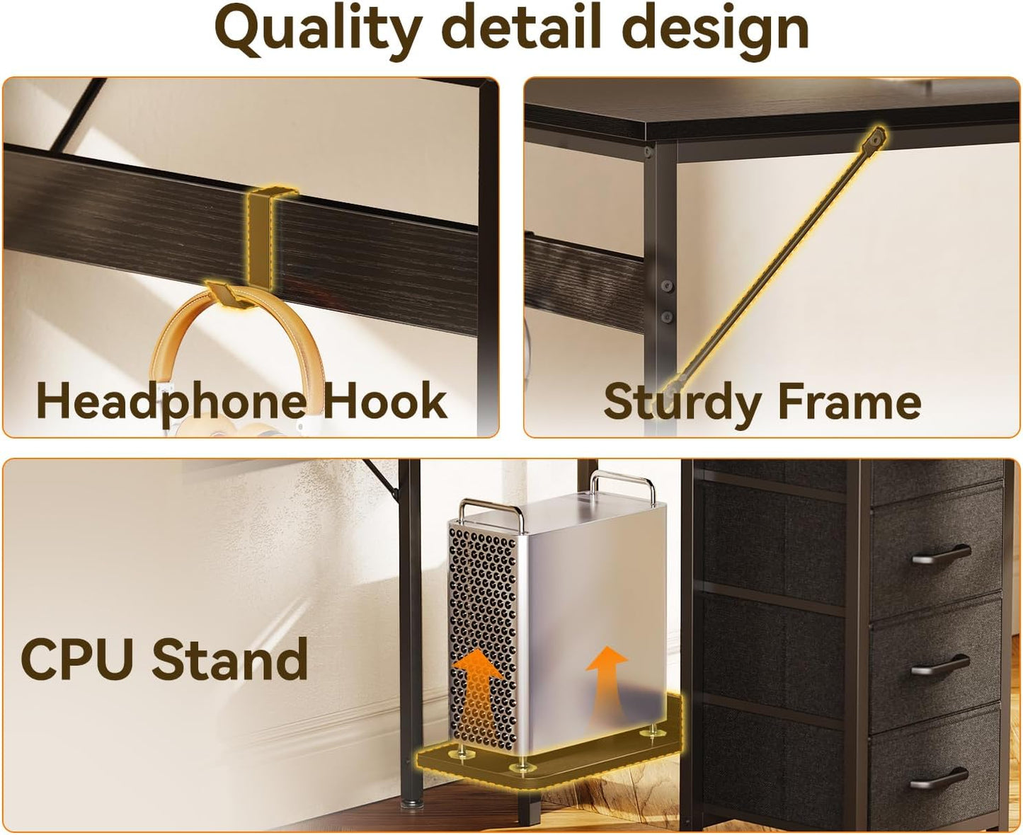 Casaottima L Shaped Desk with 4 Drawers, 47" Corner Computer Desk with Storage, Reversible Kids Study Table with CPU Stand & Hook, Work Table for Home Office, Black