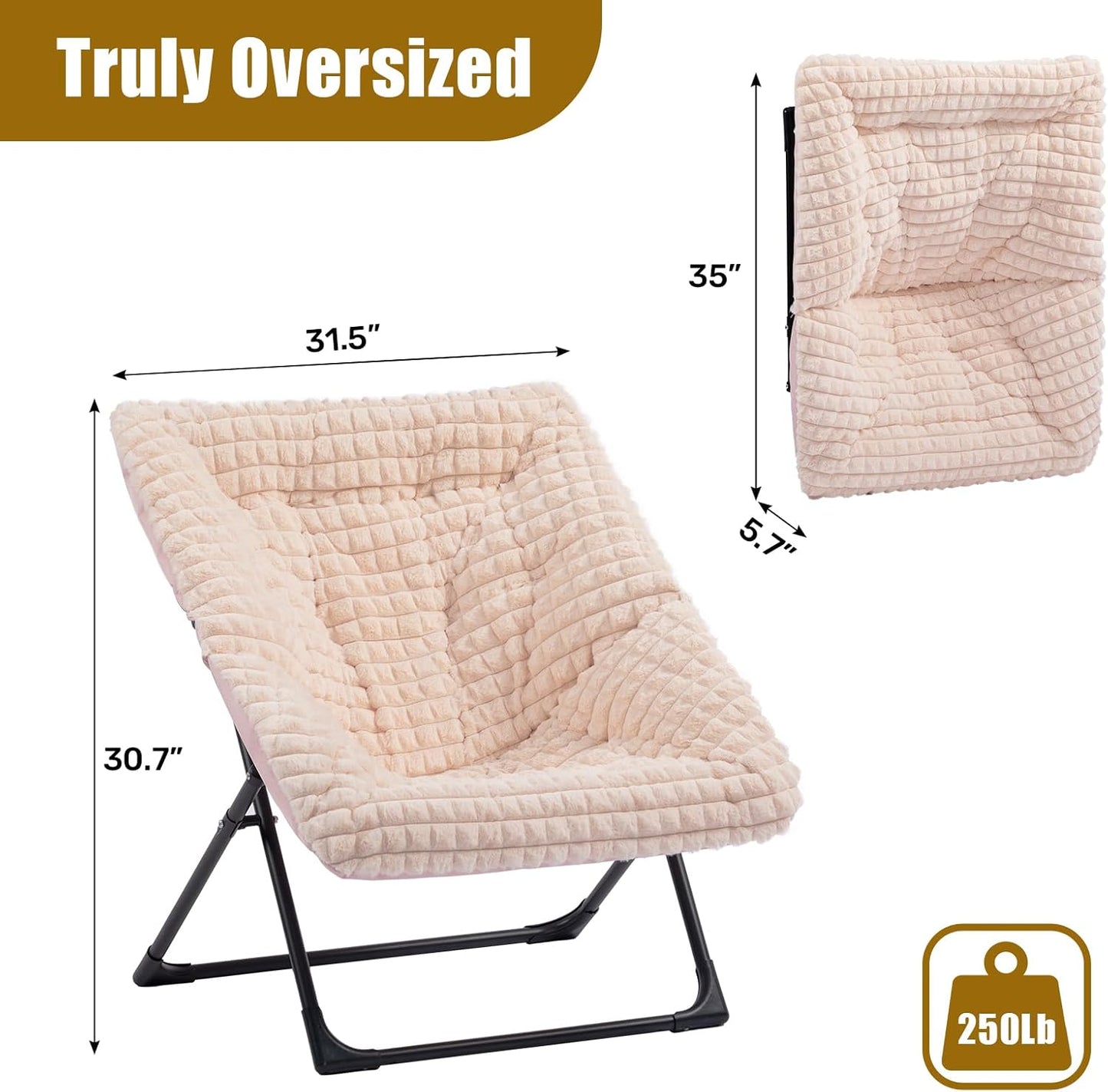 HollyHOME X-Large Saucer Chair, Comfy Oversized Folding Chair, Faux-Fur Reading Chair for Teens, Adults, Foldable Accent Chair, Metal Lounge Chair for Living Room, Bedroom, Dorm, Grid Champagne Pink