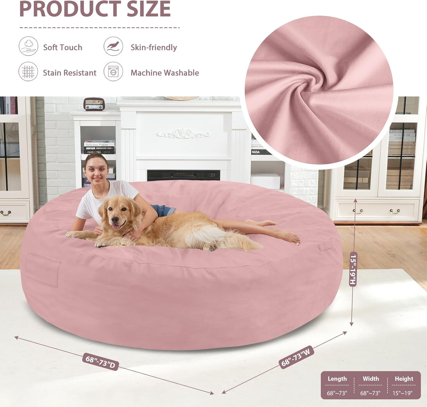 7FT Bean Bag Chair, Large Bean Bag Chairs with Memory Foam Filled, Fluffy Beanbag Sofa with Dutch Velvet Cover, Round BeanBag Chairs for Living Room, Playroom - Light Pink