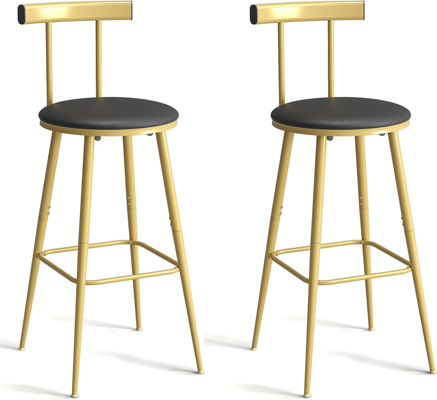 Bar Stools, Set of 2 High Kitchen Barstools, Bar Chairs with Backrest and Footrest, Industrial Counter Stools with PU Soft seat, for Kitchen, Living Room, Pub, Gold Color BS-012GC