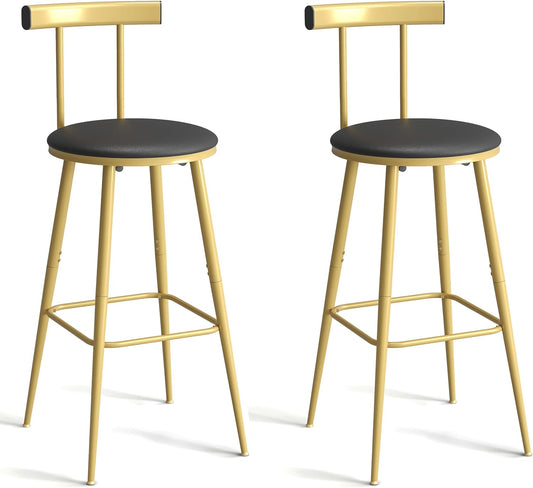Bar Stools, Set of 2 High Kitchen Barstools, Bar Chairs with Backrest and Footrest, Industrial Counter Stools with PU Soft seat, for Kitchen, Living Room, Pub, Gold Color BS-012GC