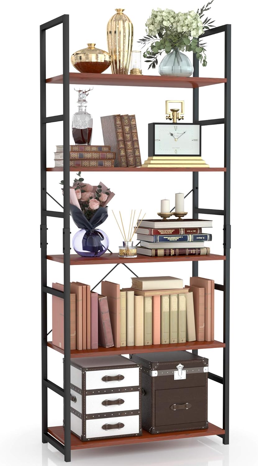 NUMENN 5 Tier Bookshelf, Tall Bookcase Shelf Storage Organizer, Modern Book Shelf for Bedroom, Living Room and Home Office, Teak