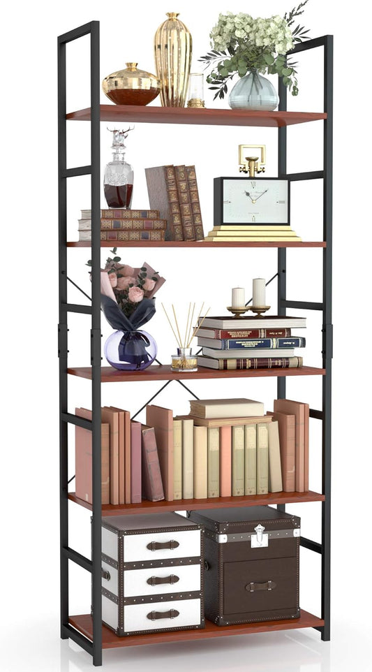 NUMENN 5 Tier Bookshelf, Tall Bookcase Shelf Storage Organizer, Modern Book Shelf for Bedroom, Living Room and Home Office, Teak