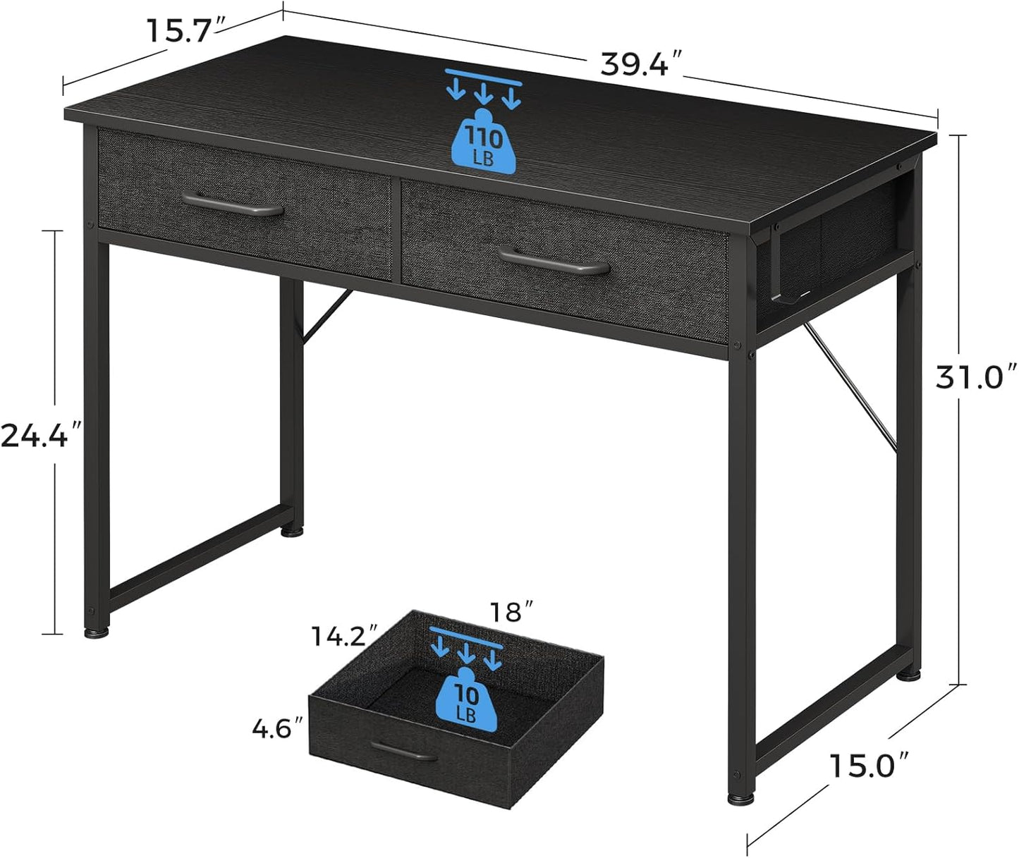 Casaottima 40 Inch Small Office Computer Desk with 2 Drawers & Headphone Hook - Compact Writing Desk for Home Office, Study or Work, Modern Space-Saving Design for Small Spaces, Black