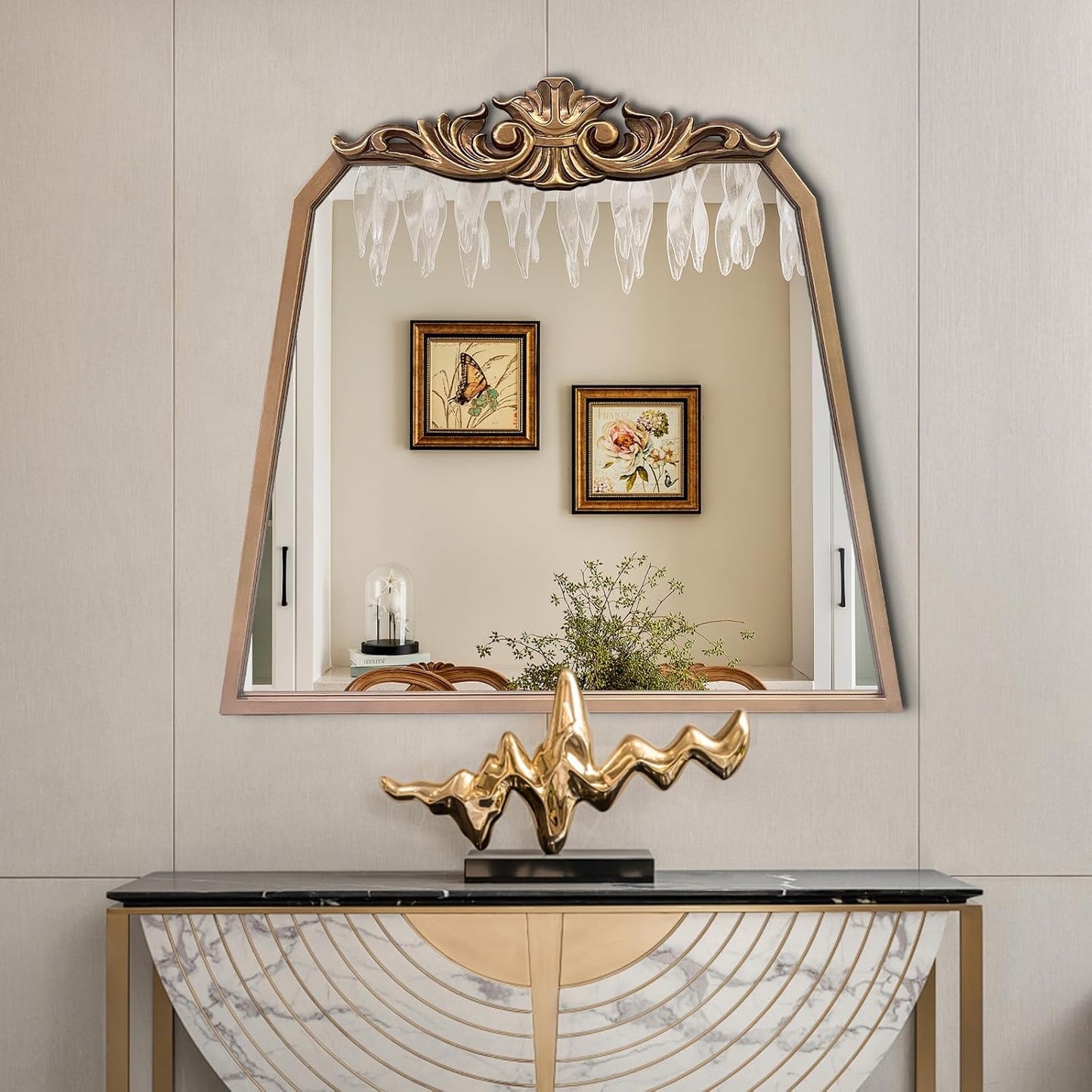 POZINO Gold Arch Mirror, 30"x35" Antique Mirror with Ornate Crown Molding, Vintage Decorative Mirrors for Bathroom Bedroom Entryway Fireplace Living Room