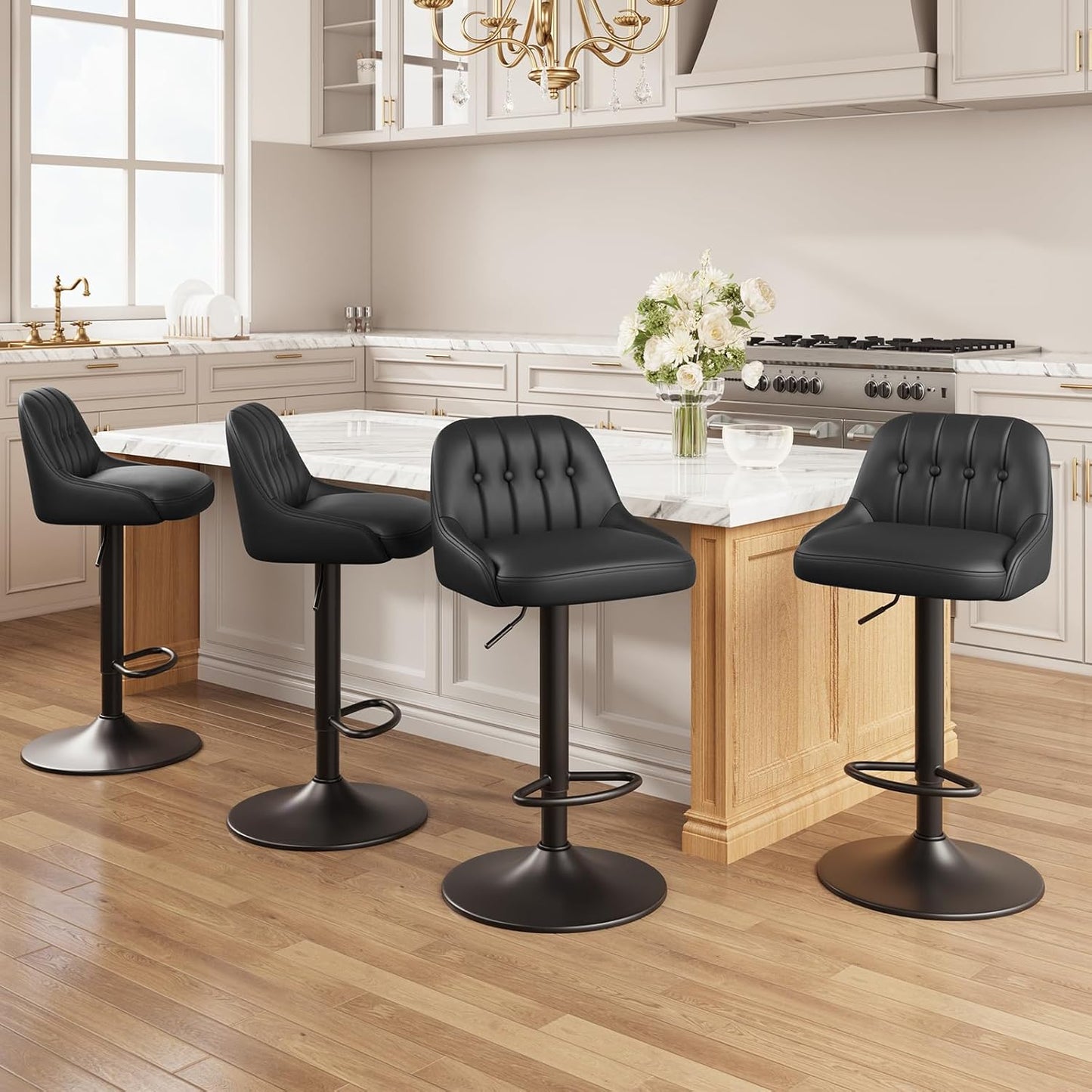 Bar Stools Set of 4, Swivel Bar Chairs, Modern Adjustable PU Leather Upholstered Barstools Counter Height with Tufted Back for Bar, Kitchen Counter Island, Dining Room, Black