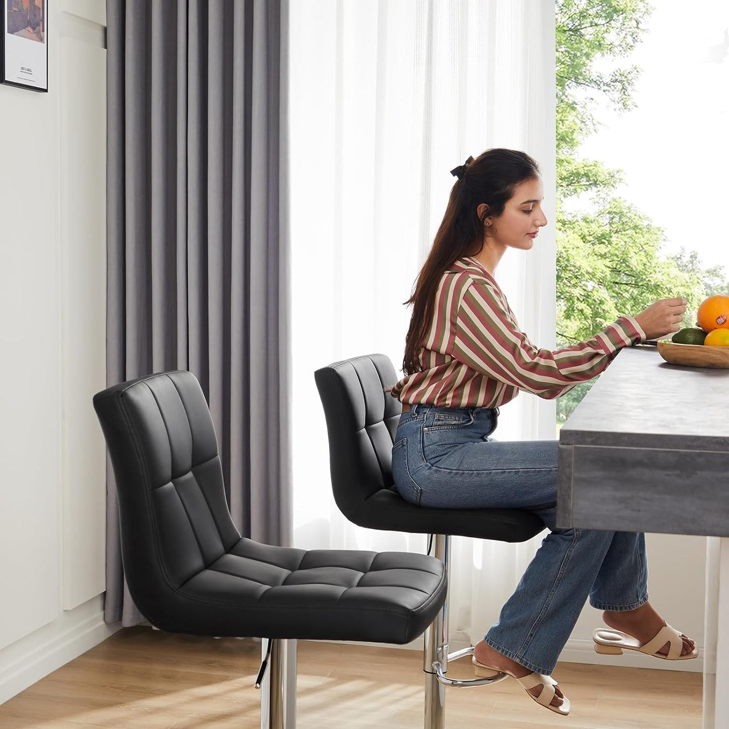 Sweetcrispy Bar Stools Set of 2, Armless PU Leather Adjustable Swivel Barstools, Hydraulic Kitchen Counter Height Thickened Seat Cushion Square Island Countertop Chairs with Back, Light Black