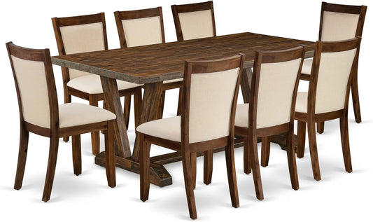 East West Furniture V777MZN32-9 9 Piece Dining Room Furniture Set Includes a Rectangle Dining Table with V-Legs and 8 Light Beige Linen Fabric Upholstered Chairs, 40x72 Inch, Multi-Color