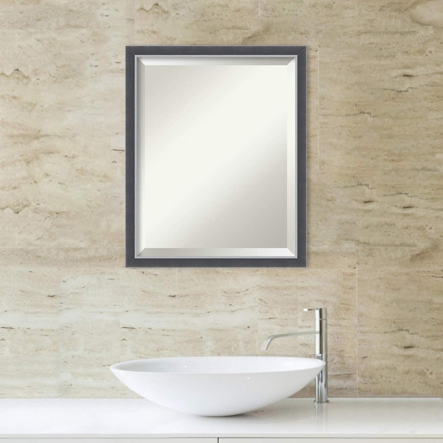 Amanti Art Black Bathroom Mirror for Over Sink, 22x18 Eva Black Silver Thin Rectangle Vanity Mirror, Small Modern Contemporary Frame, Hangs Horizonally and Vertically, Bathroom Wall Decor, Beveled