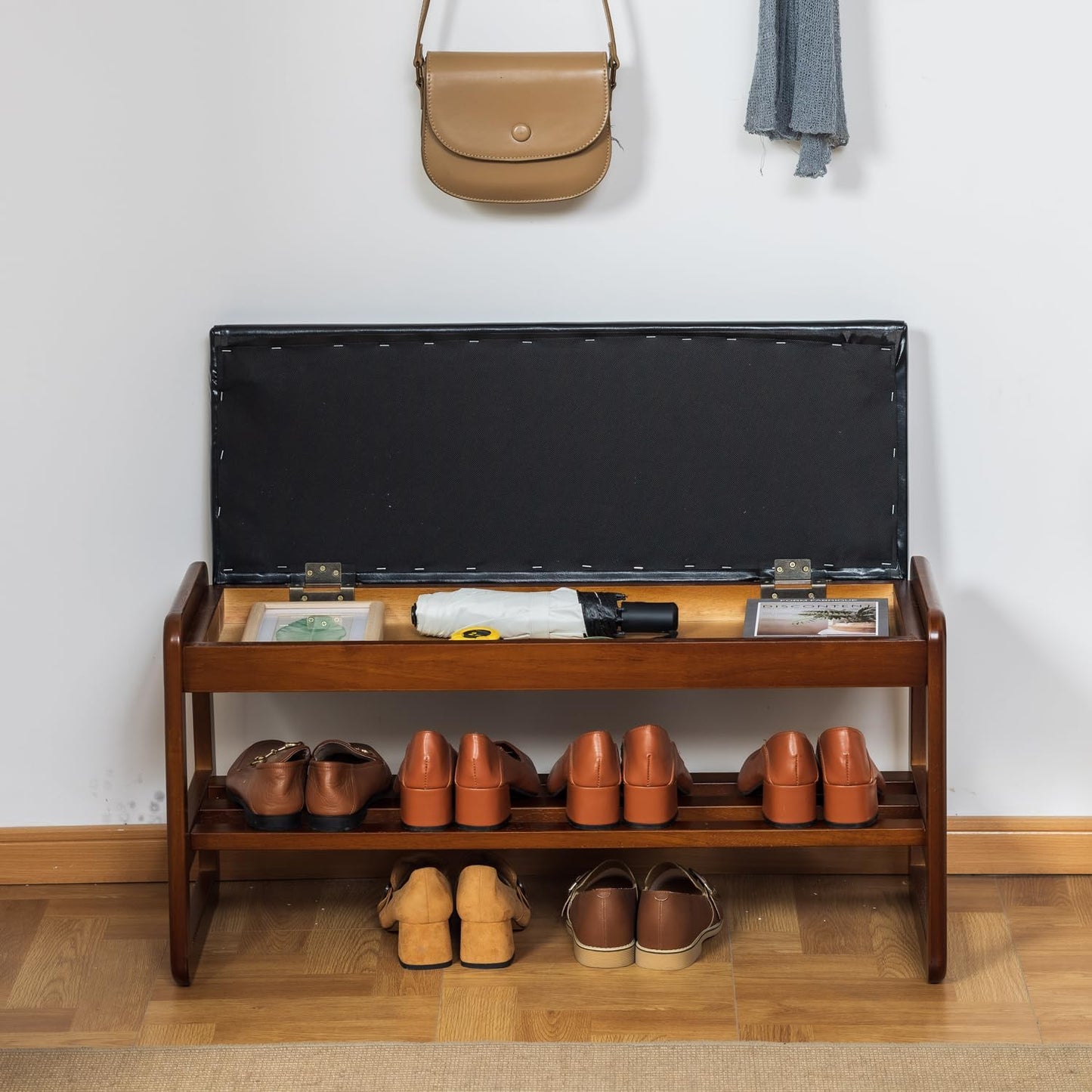 latifolia Shoe Rack Bench, Entryway Shoe Bench with Cushion, Flip-Open Storage Compartment, 2-Tier Shoe Organizer(Black,31.50''L)