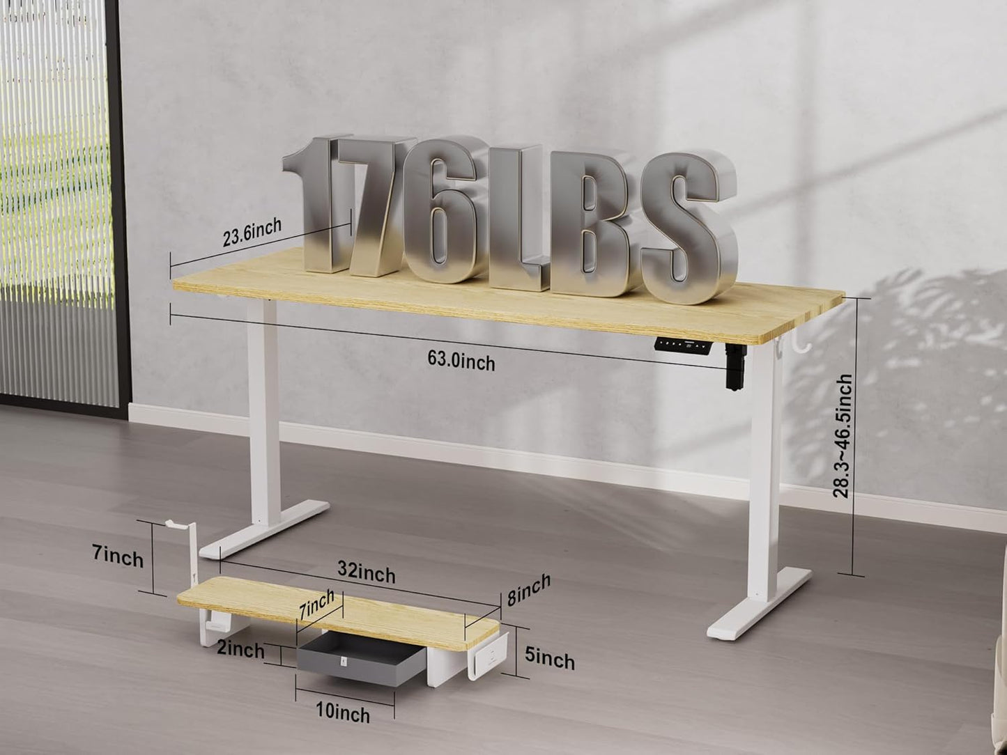 63x24 Inches Electric Standing Desk with Drawer and Monitor Stand, Height Adjustable Sit to Stand up Desk for Home Office, Ergonomic Computer Table with Phone Holder, 3 Hooks, Oak