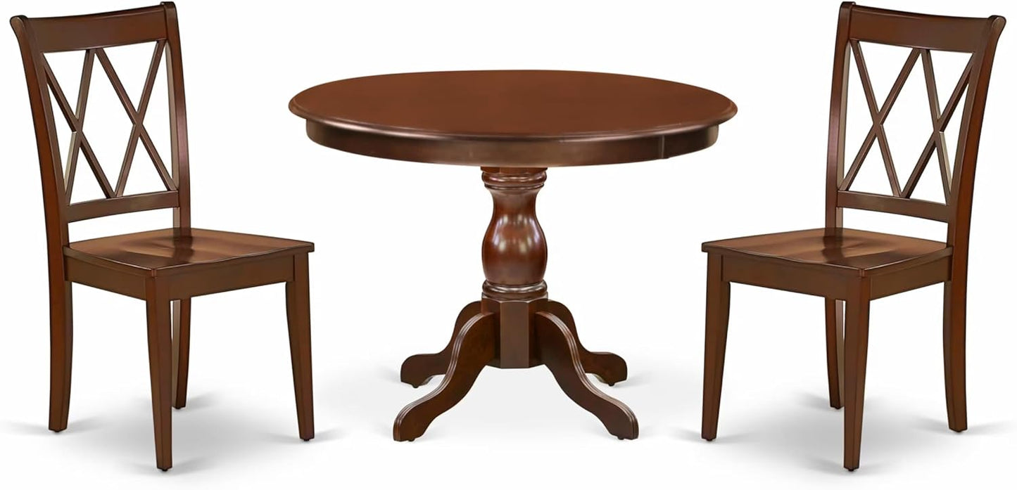 East West Furniture HBCL3-MAH-W 3 Piece Dinette Set for Small Spaces Contains a Round Dining Table with Pedestal and 2 Dining Chairs, 42x42 Inch, Mahogany