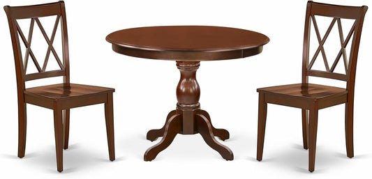 East West Furniture HBCL3-MAH-W 3 Piece Dinette Set for Small Spaces Contains a Round Dining Table with Pedestal and 2 Dining Chairs, 42x42 Inch, Mahogany