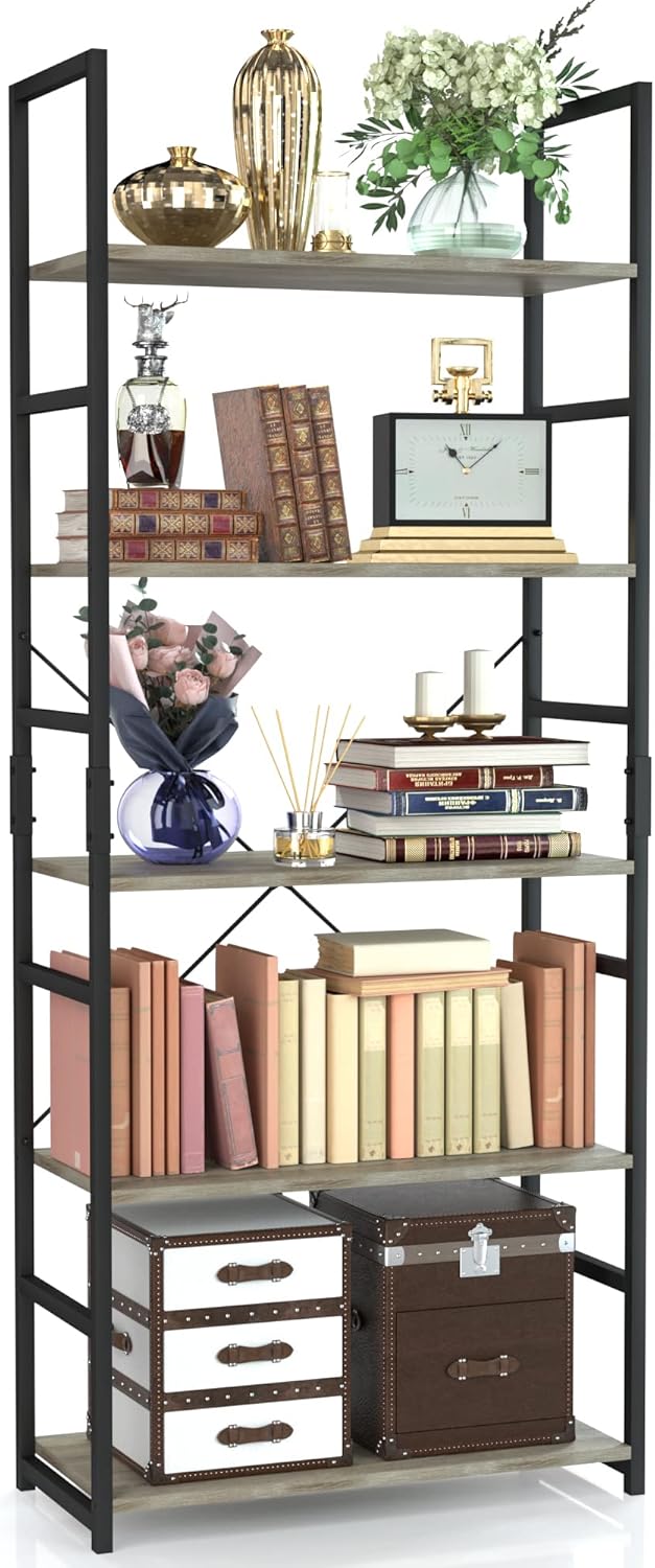 NUMENN 5 Tier Bookshelf, Tall Bookcase Shelf Storage Organizer, Modern Book Shelf for Bedroom, Living Room and Home Office, Grey