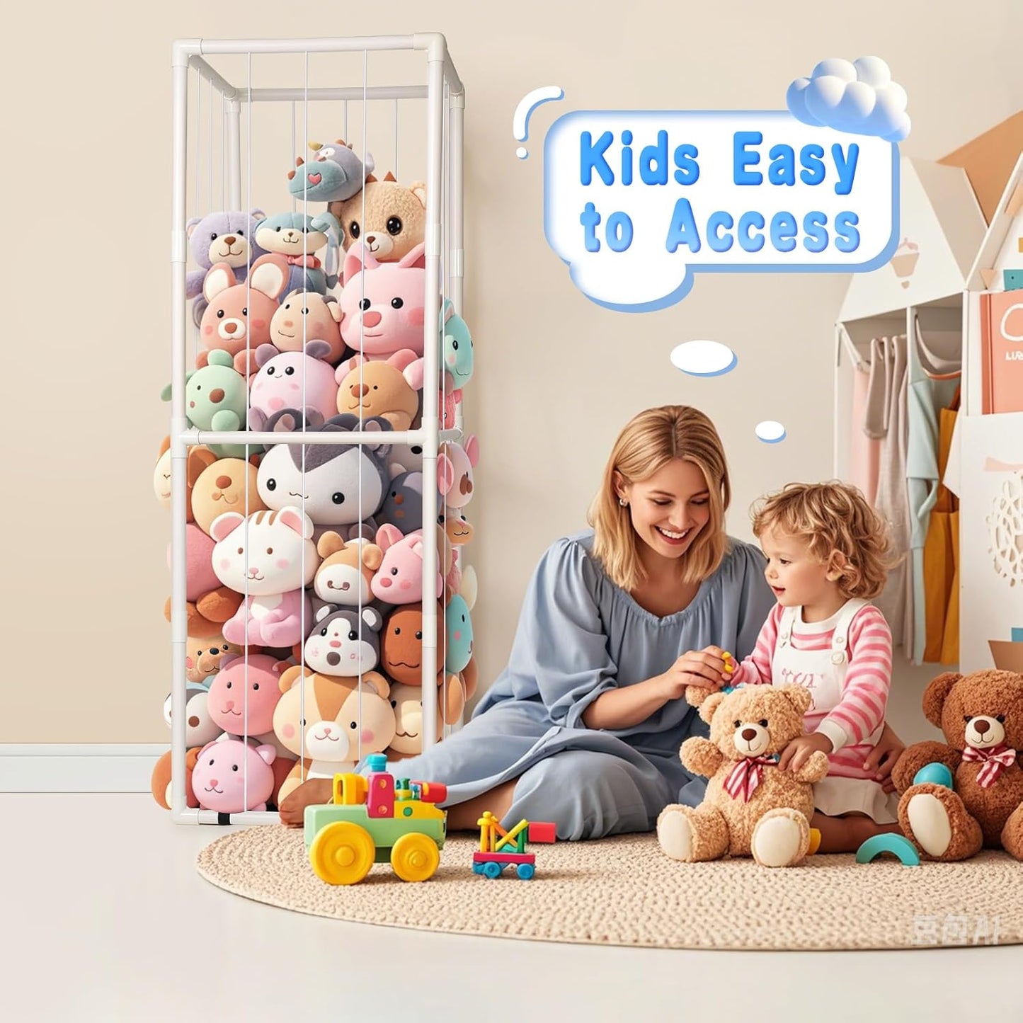 Stuffed Animal Zoo Storage - Tall PVC Material Toy Organizer with Elastic Cords & Shelf, Space-Saving Plushie Playhouse for Nursery, Playroom, Kids Bedroom - Easy Assembly