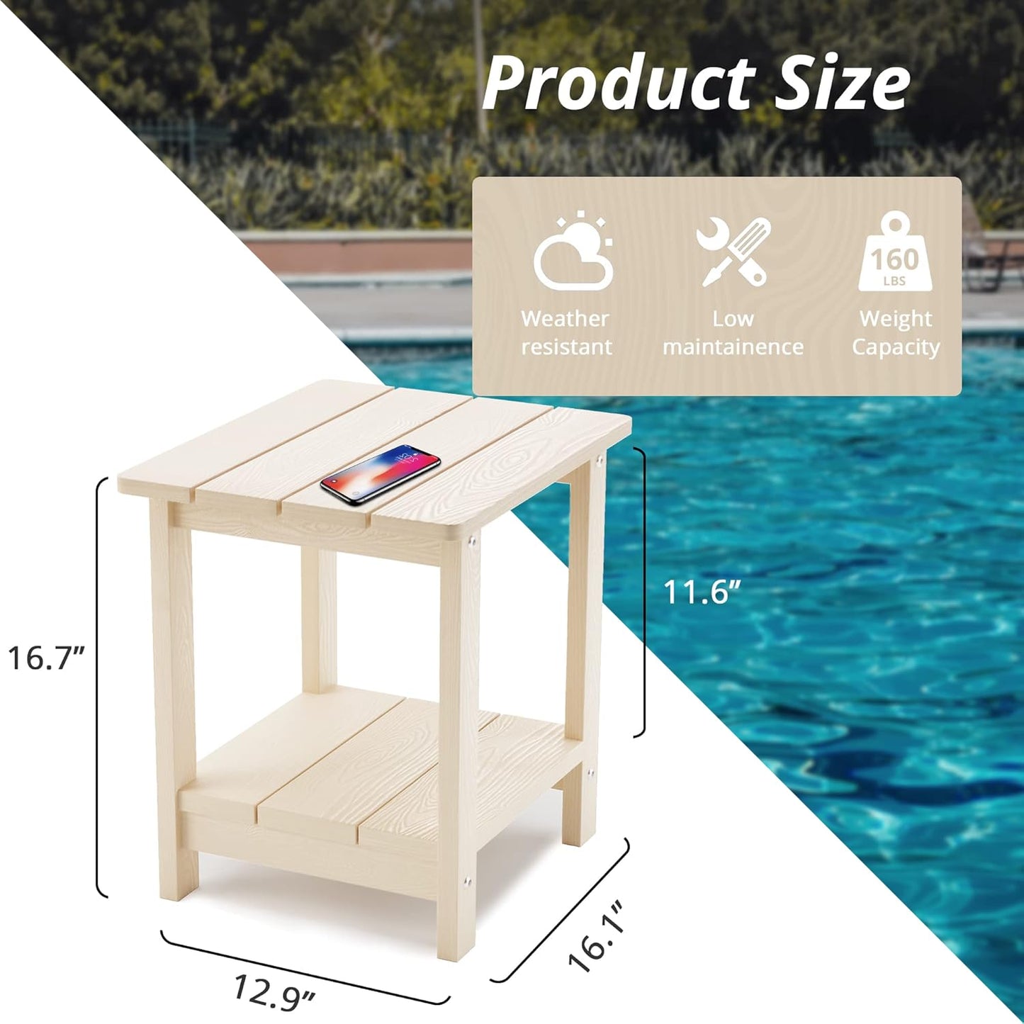 LUE BONA Adirondack Outdoor Side Table, 2-Tier Sand HDPS Patio End Table Weather Resistant, Morden Side Table for Patio, Pool, Porch