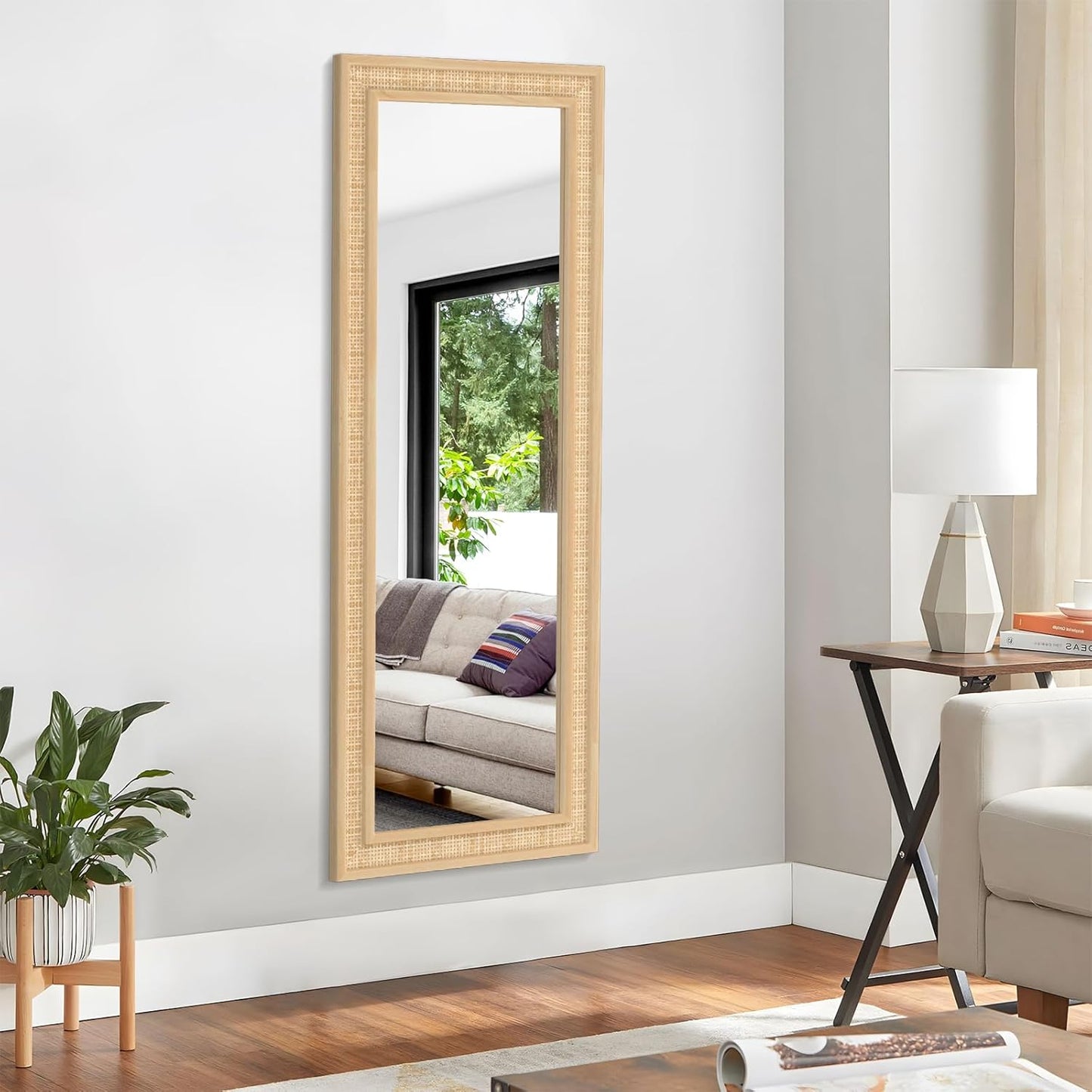 Rattan Wall Mirror with Wooden Framed 18 X 48 inch Farmhouse Rectangle Wood Mirror for Modern Decorative Bathroom, Living Room, Entryway, Bedroom