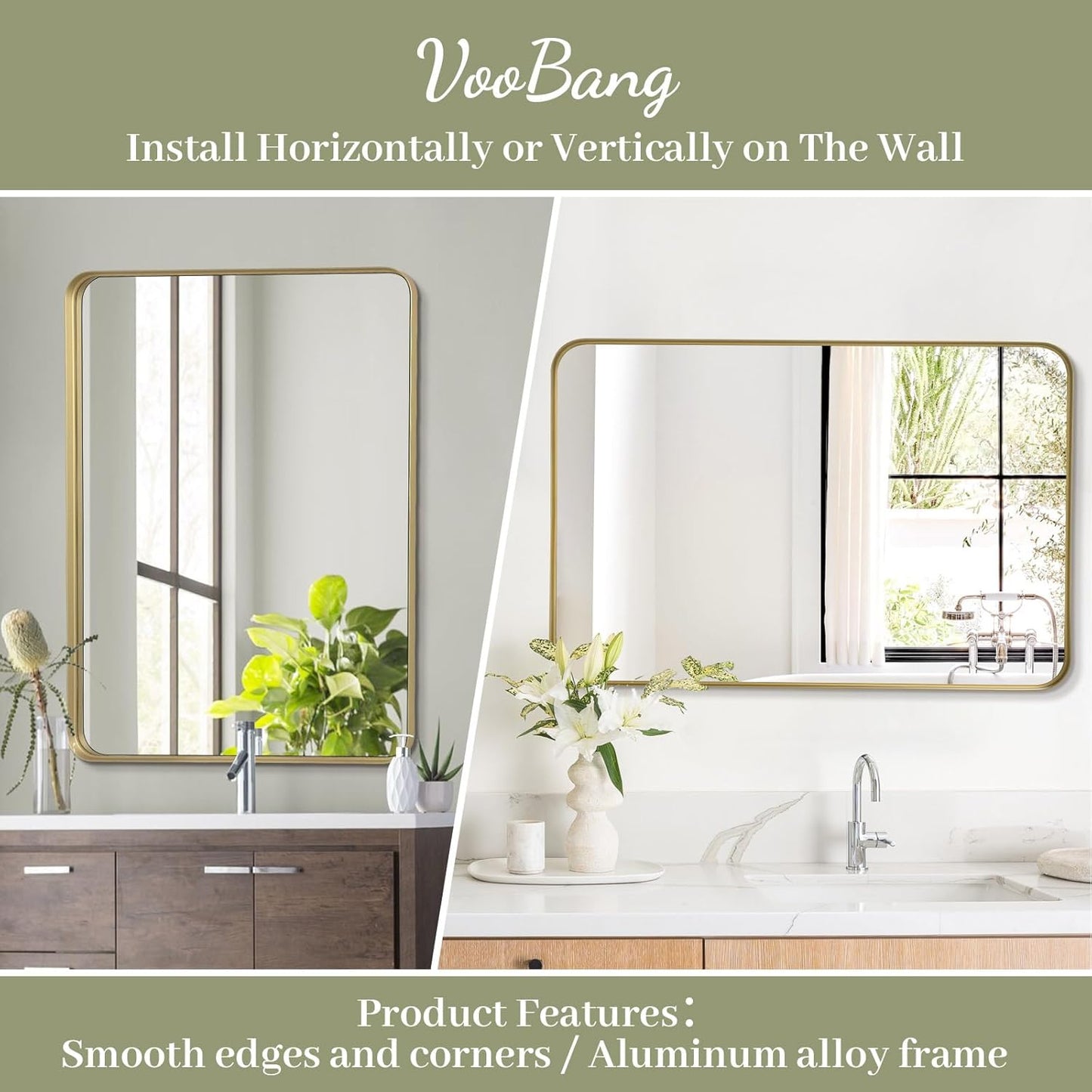 Bathroom Mirror 24x36 inch, Gold Gorgeous Deep Frame Wall Mirror, Modern Round Corner Bathroom Vanity Mirror for Bedroom, Living Room, Hanging or Leaning Horizontal or Vertical, Gold