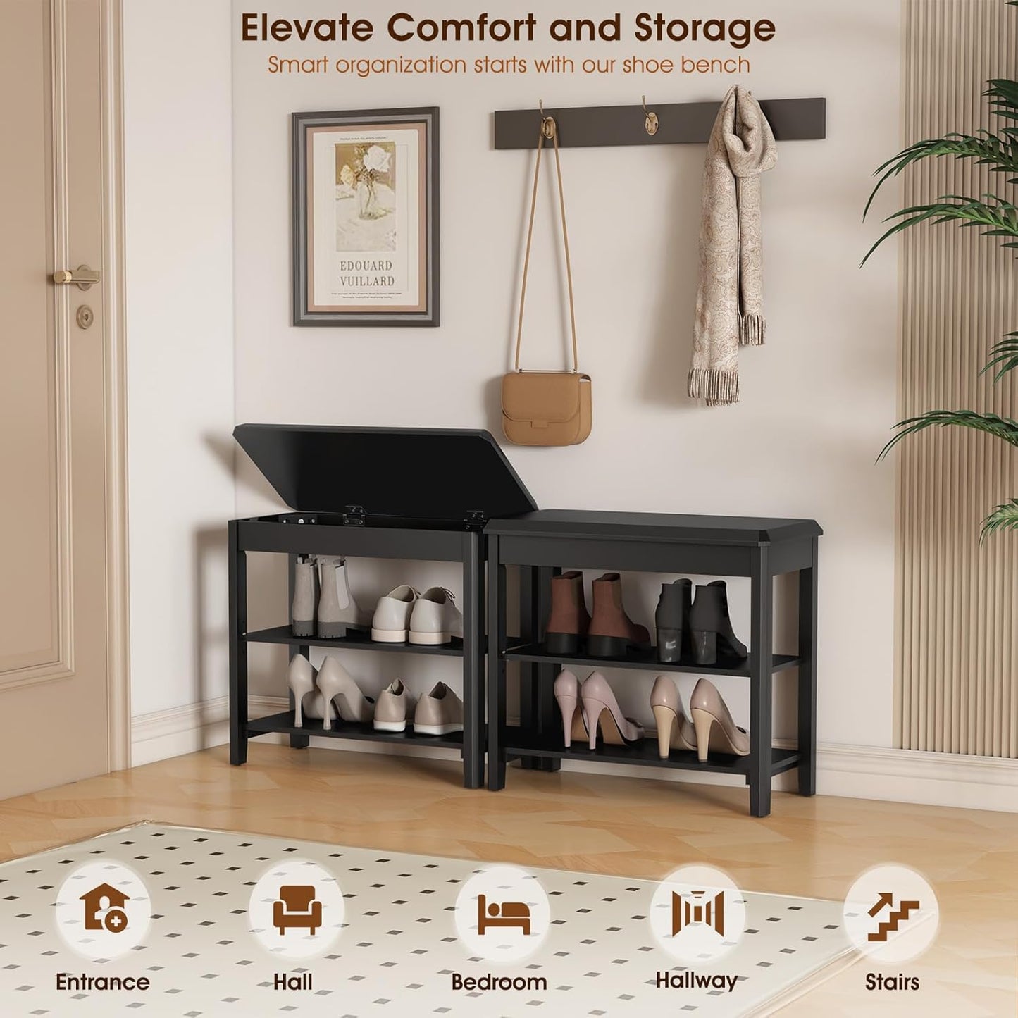 Shoe Rack Bench Seat Rubberwood 2-Tier Wooden Storage Bench 550lbs Compact Mid-Century Modern Design for Entryway, Hallway, Closet, Front Door Entrance, Foyer