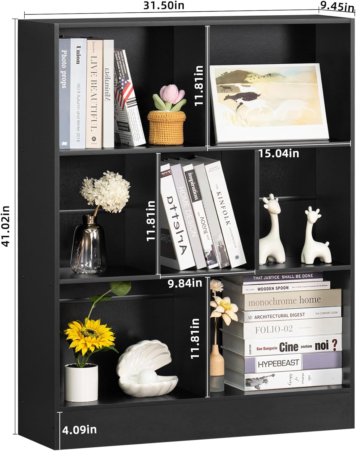 YAHARBO Black 7 Cube Bookshelf,3 Tier Modern Horizontal Bookcase,Wooden Low Book Shelf Display Storage Cabinet with Base,Floor Standing Short Bookshelves Open Organizer for Bedroom,Living Room,Office