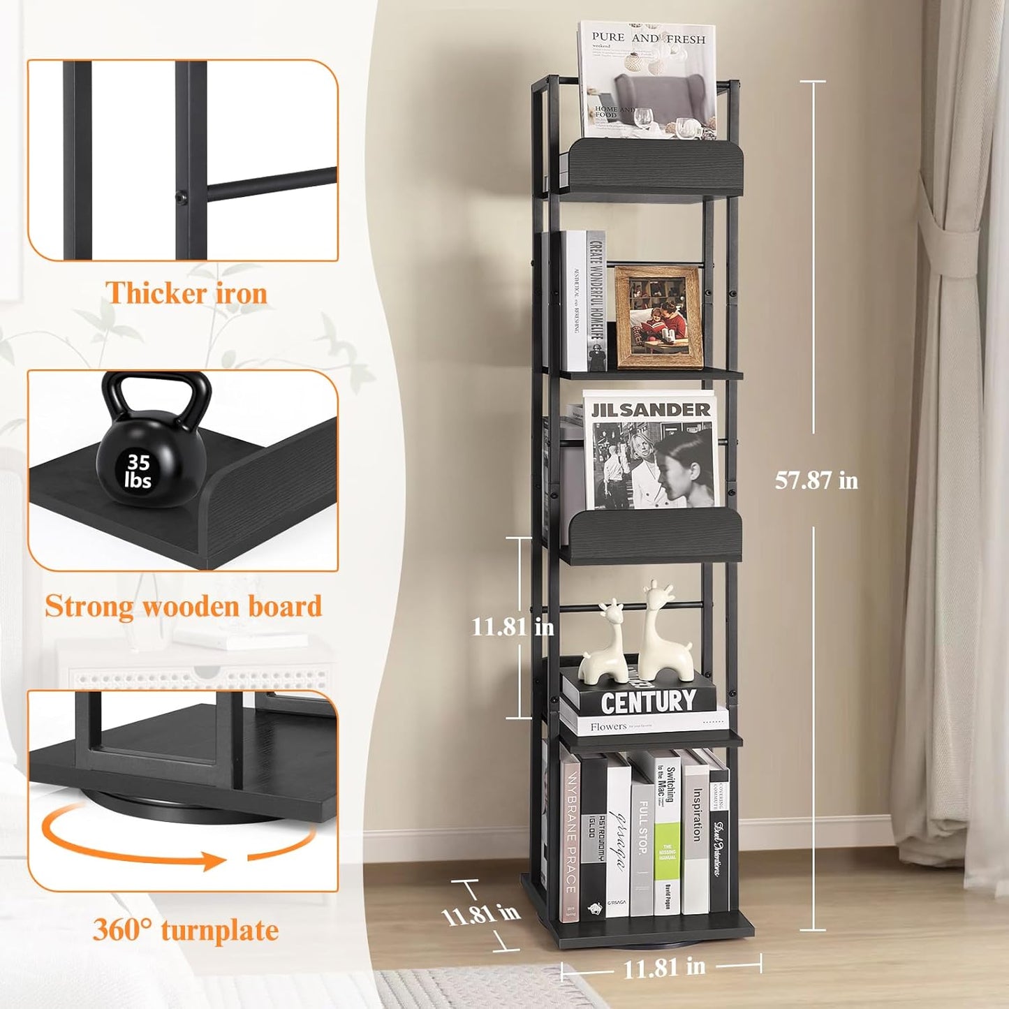 Bikoney Rotating Bookshelf, 5-Tier Bookshelves Tower for Corner, Small Narrow Bookcase, Tall Industrial Bookshelf, Wood and Metal Black