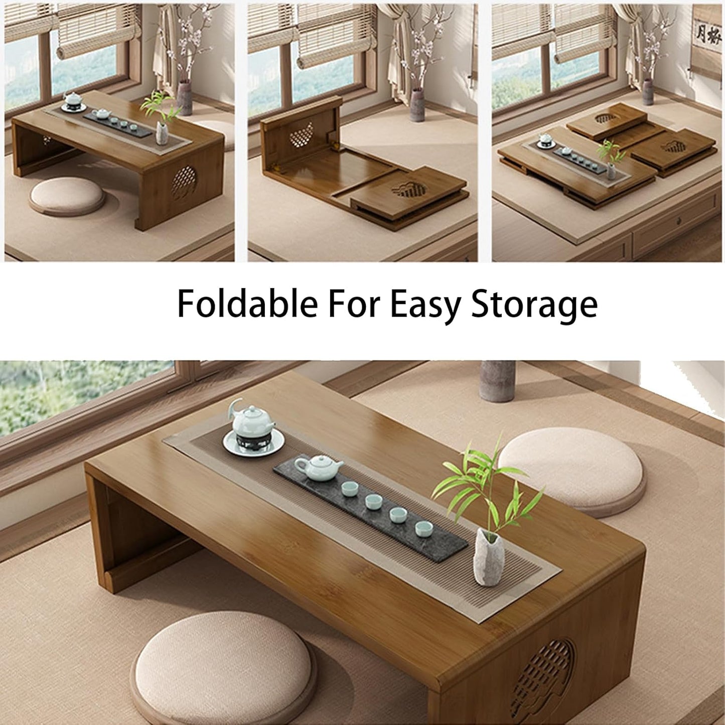 Folding Coffee Table Foldable Japanese Floor Table Low Table for Living Room,Dining Room,Tea,Tatami,Home Decoration (39.37 * 19.68 * 12.2 INCH)