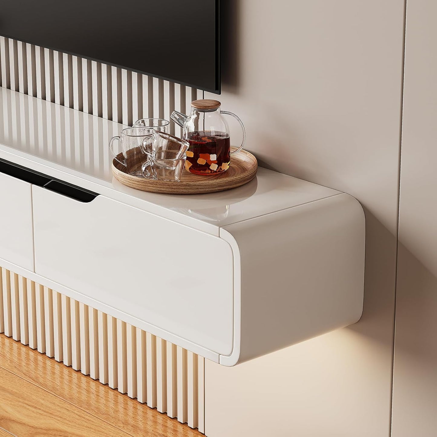 High Gloss Floating TV Stand with 3 Doors,70'' Wall Mounted TV Cabinet,Under TV Console,Floating Media Shelft for Bedroom Living Room(White)