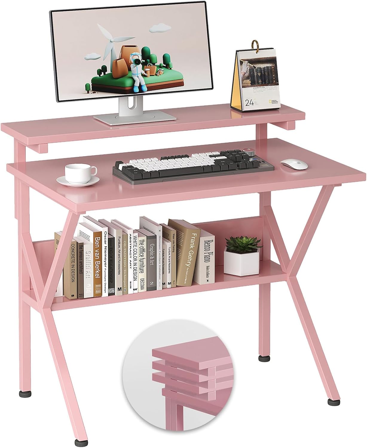 COTUBLR Small Desk, 27.5 Inch Small Computer Desk for Spaces, Computer Desks with Adjustable Monitor Stand, Compact Desks with Storage, Tiny Study Table for Bedroom Home Office, Pink
