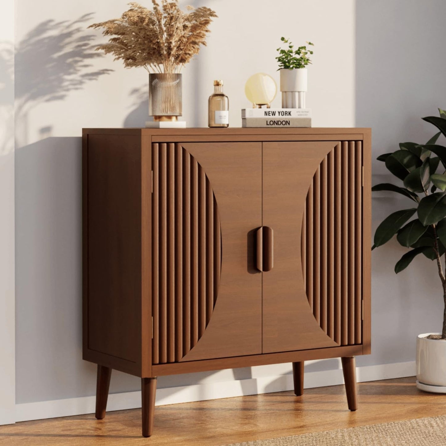 COSIEST 30" W Storage Cabinet with Doors and Shelves, Mid-Century Cabinet with Adjustable Shelf, Accent Sideboard for Kitchen, Dining Room, Living Room, or Hallway (Brown, Line Pattern)