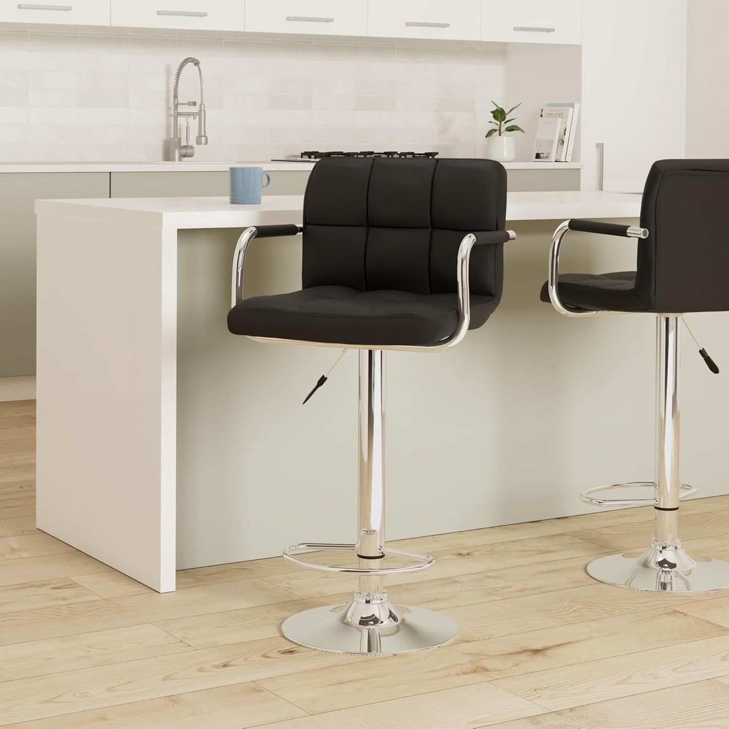 AC Pacific Contemporary Hydraulic Adjustable Swivel Kitchen Bar Stool Chair with Cushion and Armrest, 24"-33", Black ACBS15-BLACK Midnight Square