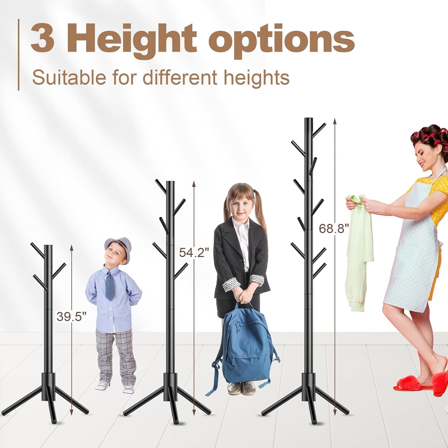 Wooden Coat Rack Stand, Freestanding Coat Rack with 8 Hooks, 3 Adjustable Size Coat Tree for Hats, Coats, Scarves bags, Coat Hanger Stand Used in Bedroom/Office/Entryway (Black)