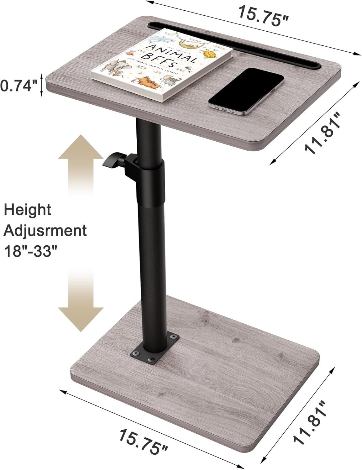 Sofa Armrest Tray Table for Couch - 360° Swivel Height Adjustable End for Small Spaces, Snack Side Table for Bed or Chair with Phone & Tablet Slot (Gray,Standard)