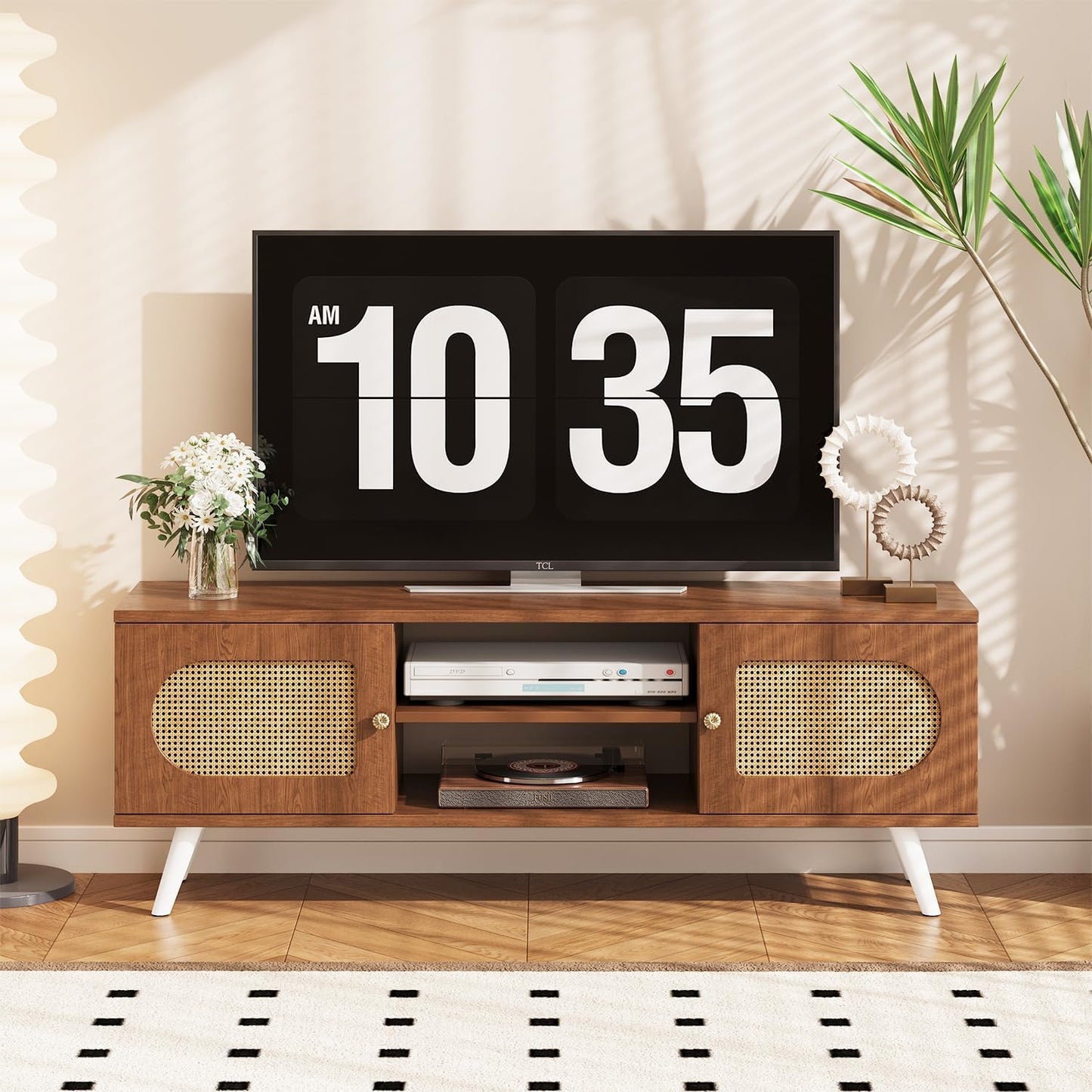 55" Rattan TV Stand for 65 Inch TV Solid Wood TV Console Entertainment Center with 2 Cabinets for Living Room Bedroom, Retro Brown