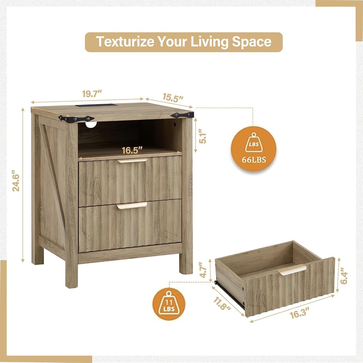 Fluted Nightstand with Charging Station Set of 2-20 Inch Wide Farmhouse Bedside Table with 2 Drawers, Modern Wood End Side Table for Bedroom Study Storage Sunwashed Ash Oak