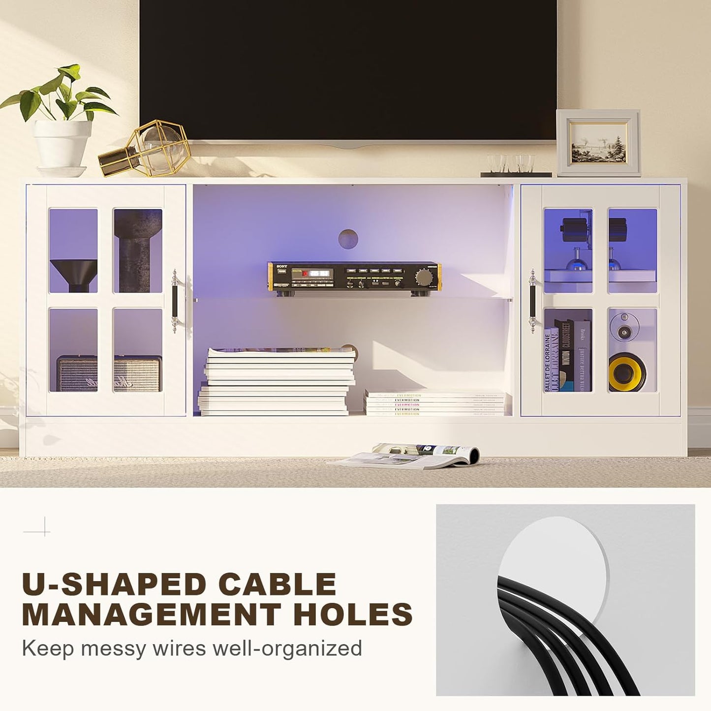 4-Piece Wall Unit TV Stand with Storage & LED Lights for TVs up to 75", Modern Entertainment Center with Bookshelves & 6-Door Pantry Cabinet, White