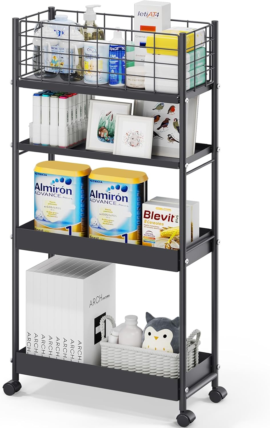 KINGRACK Slim Storage Cart, 4-Tier Metal Utility Rolling Cart with Wheels,Bathroom Organizer, Skinny Rolling Trolley, Mobile Shelving Unit for Office, Laundry Room, Narrow Place, Black