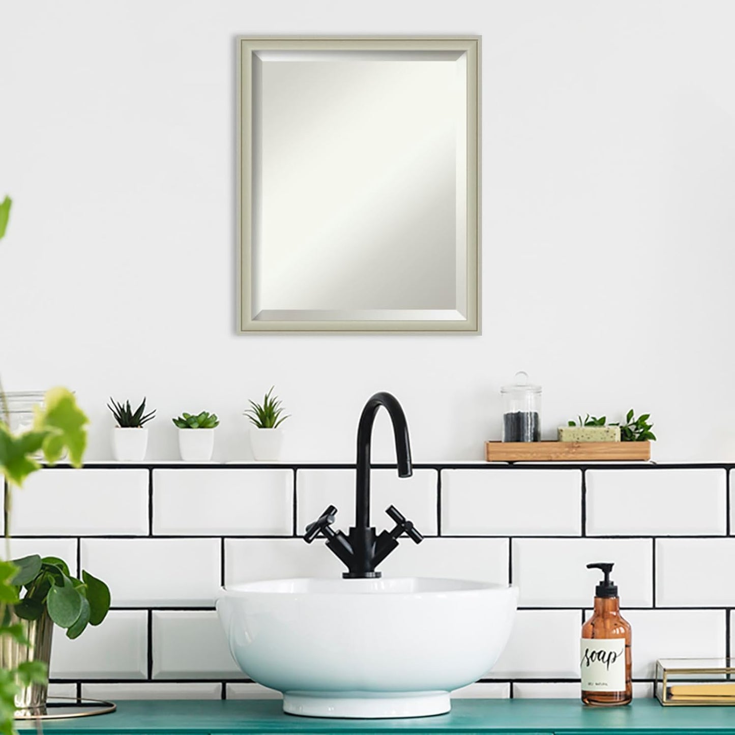 Amanti Art Silver Bathroom Mirror for Over Sink, 22x18 Florence Silver Rectangle Vanity Mirror, Small Casual Frame, Hangs Horizonally and Vertically, Bathroom Wall Decor, Beveled Edge from WI, USA