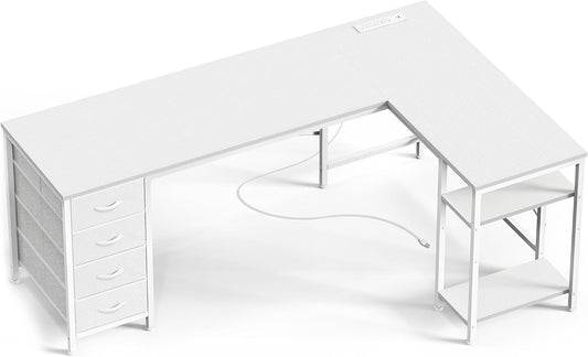 Huuger 63 Inch L Shaped Desk with Fabric Drawers, Reversible Computer Gaming Desk with Power Outlets and USB-C Port, Adjustable Side Storage Shelves, for Work Study Corner Home Office, White