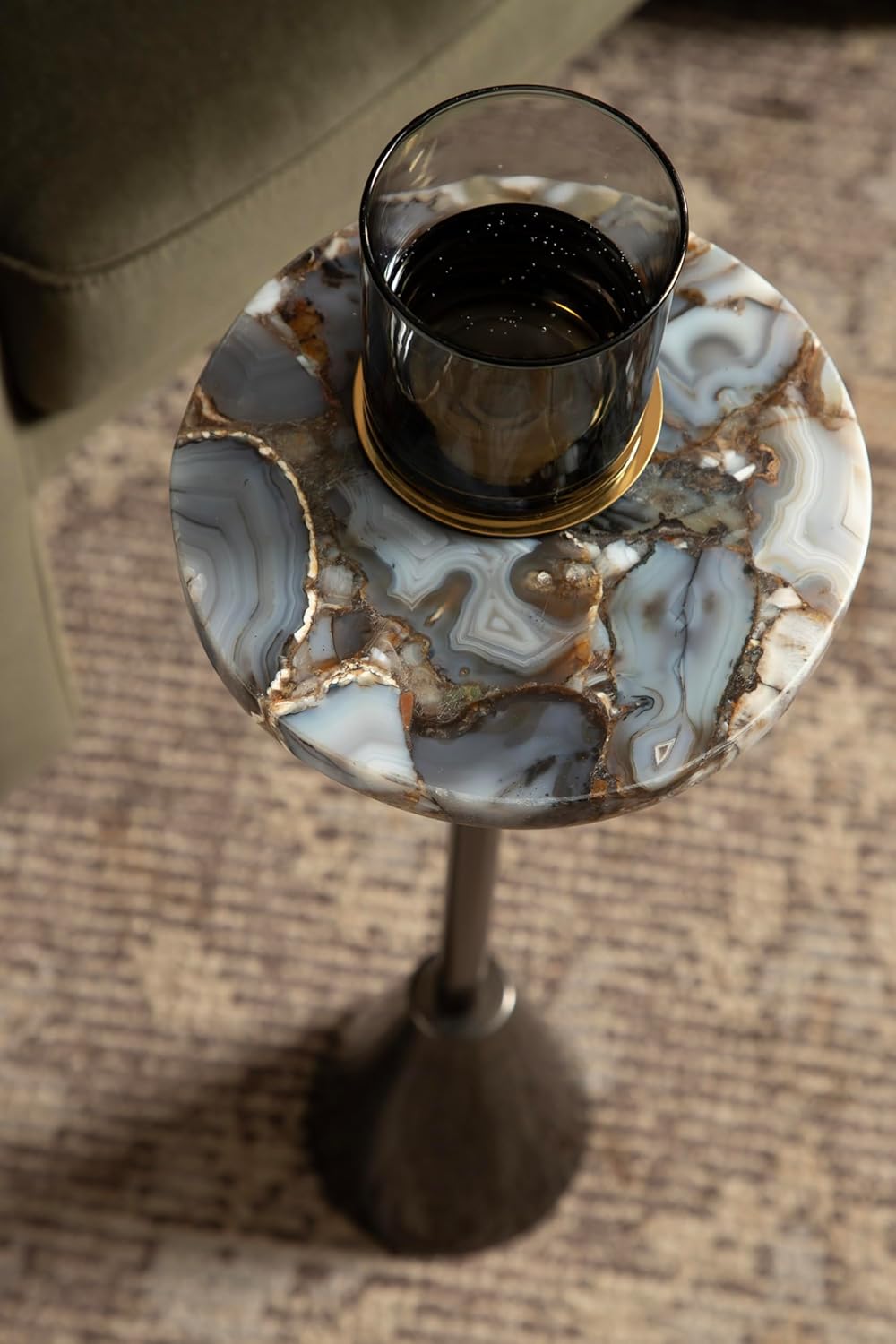 Kate and Laurel Sitara Modern Coastal Round Drink Table, 8 x 8 x 23, Blue Agate and Silver, Unique Circle Stone Mini Table for Use as Bathroom Accent Table or Pedestal Martini Tabl