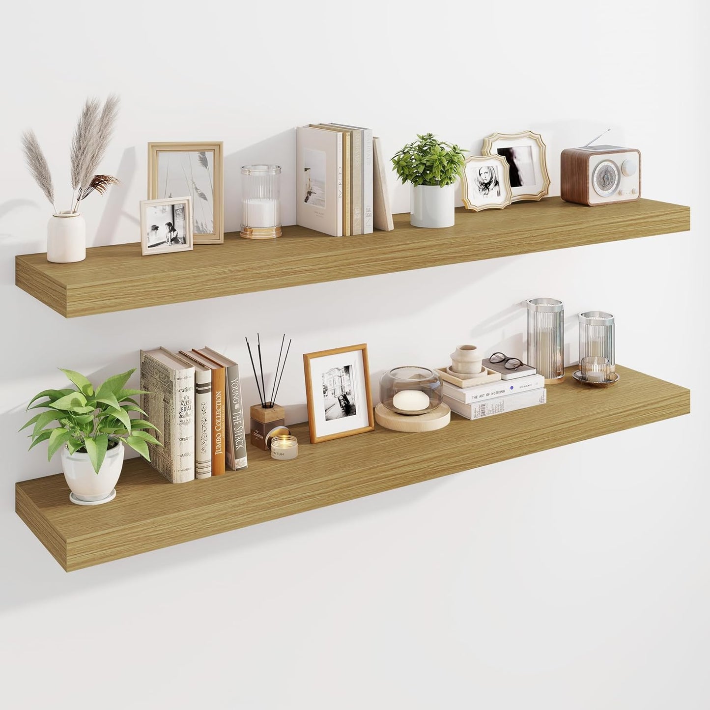 Marsmiles 55" Floating Shelves for Wall, Wooden Shelves with Invisible Brackets Set of 2, Rustic Farmhouse Wall Mounted Shelf for Kitchen Bathroom Living Room Study, Natural Oak