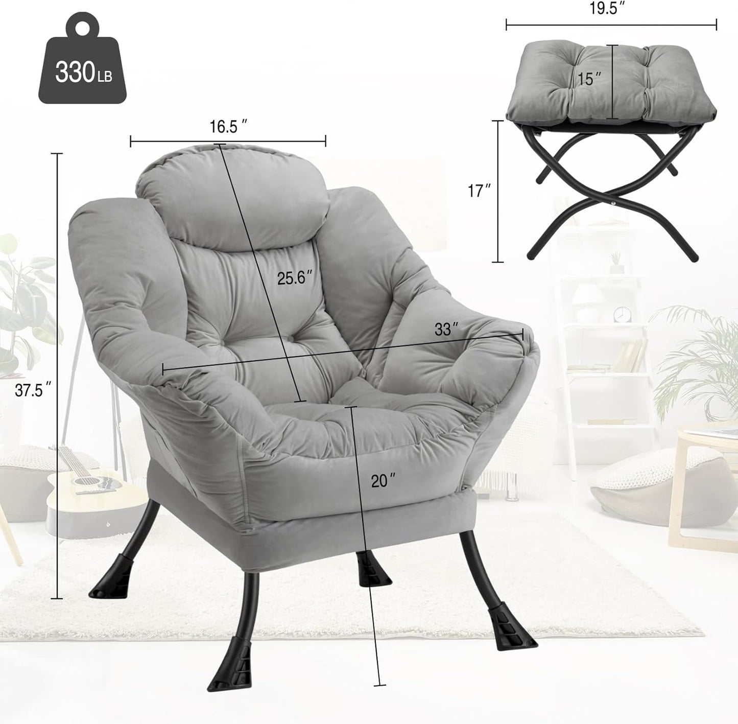 Lazy Chair with Folding Ottoman Modern Large Accent Chair,Contemporary Lounge Leisure Sofa Chair with Armrests Upholstered Sofa Armchair Reading Chair for Bedroom,Dorm&Office (Light Grey-f)