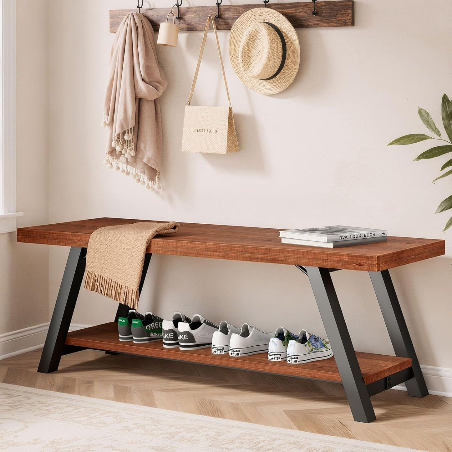 IBF Solid Wood Entryway Bench, Natural Real Wood Storage Bench, Farmhouse Wooden Shoe Bench in Entry Way Hallway Foyer Rack, Bedroom Bench Seat for Living Bed Mud Room Indoor, Rustic Brown, 47 Inch