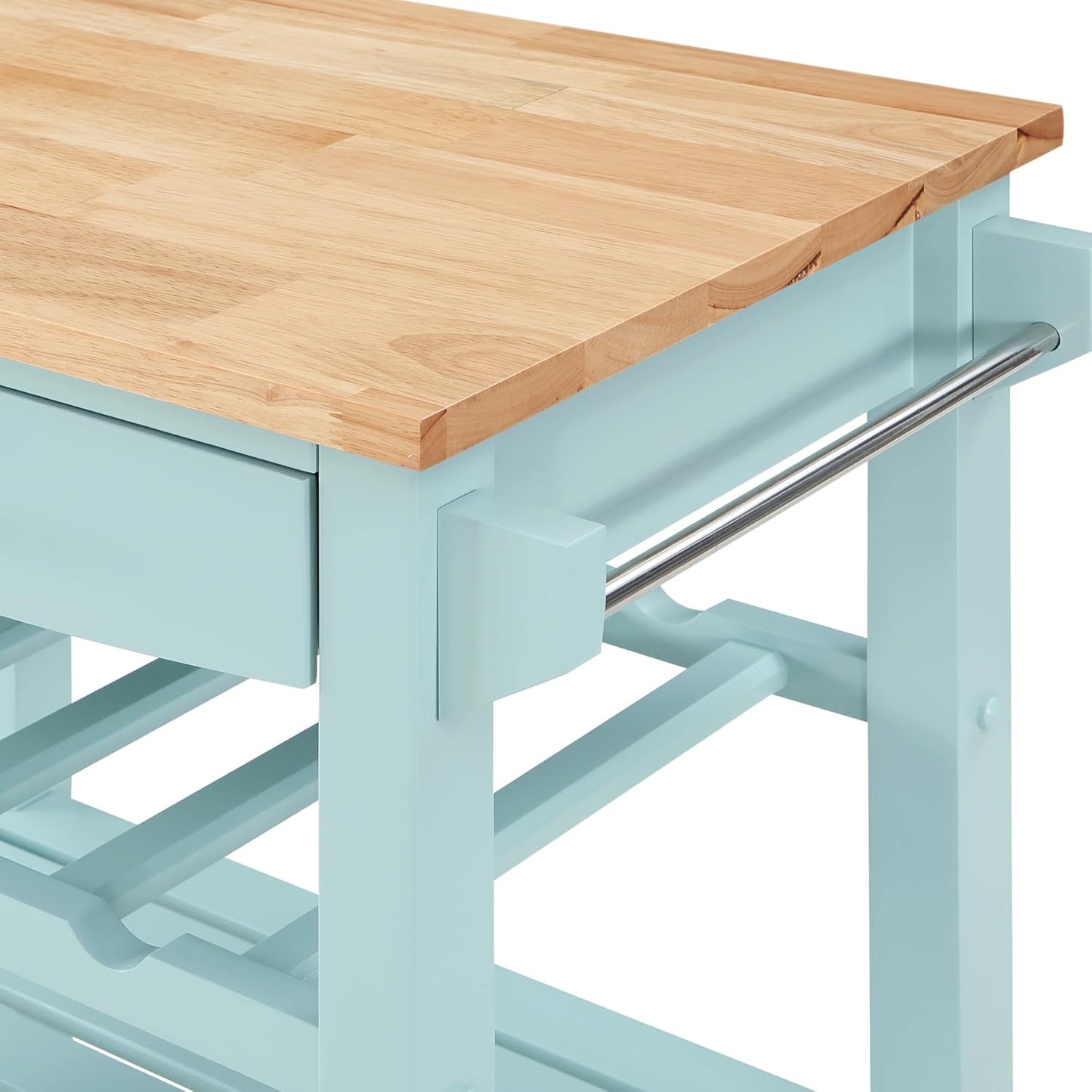 Convenience Concepts Ellaine Butcher Block Kitchen Cart 24.75" - 4 Tier Kitchen Island with Storage Drawer, Dining Room Wine Rack on Wheels, Coffee Station Table, Mobile Utility Trolley, Sea Foam