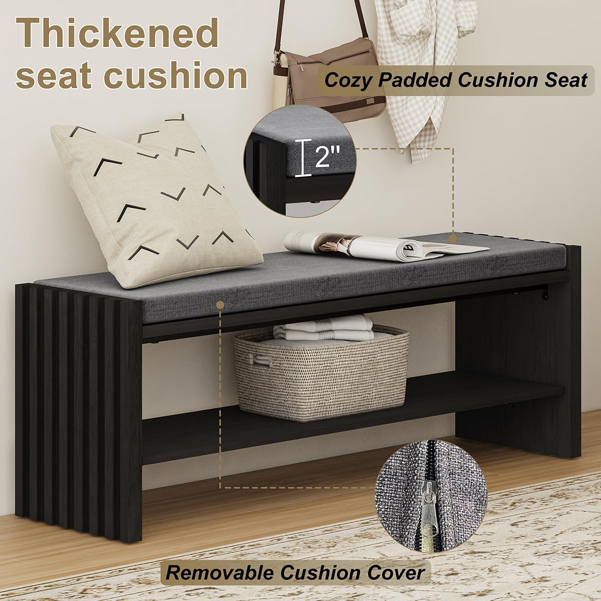 BON AUGURE Storage Bench, Entryway Bench with Shoes Storage, Wooden Benches with Seat Cushion, Shoe Rack Benches for Entry, Entrance, Front Door (Black Oak, 40 Inch Wide)